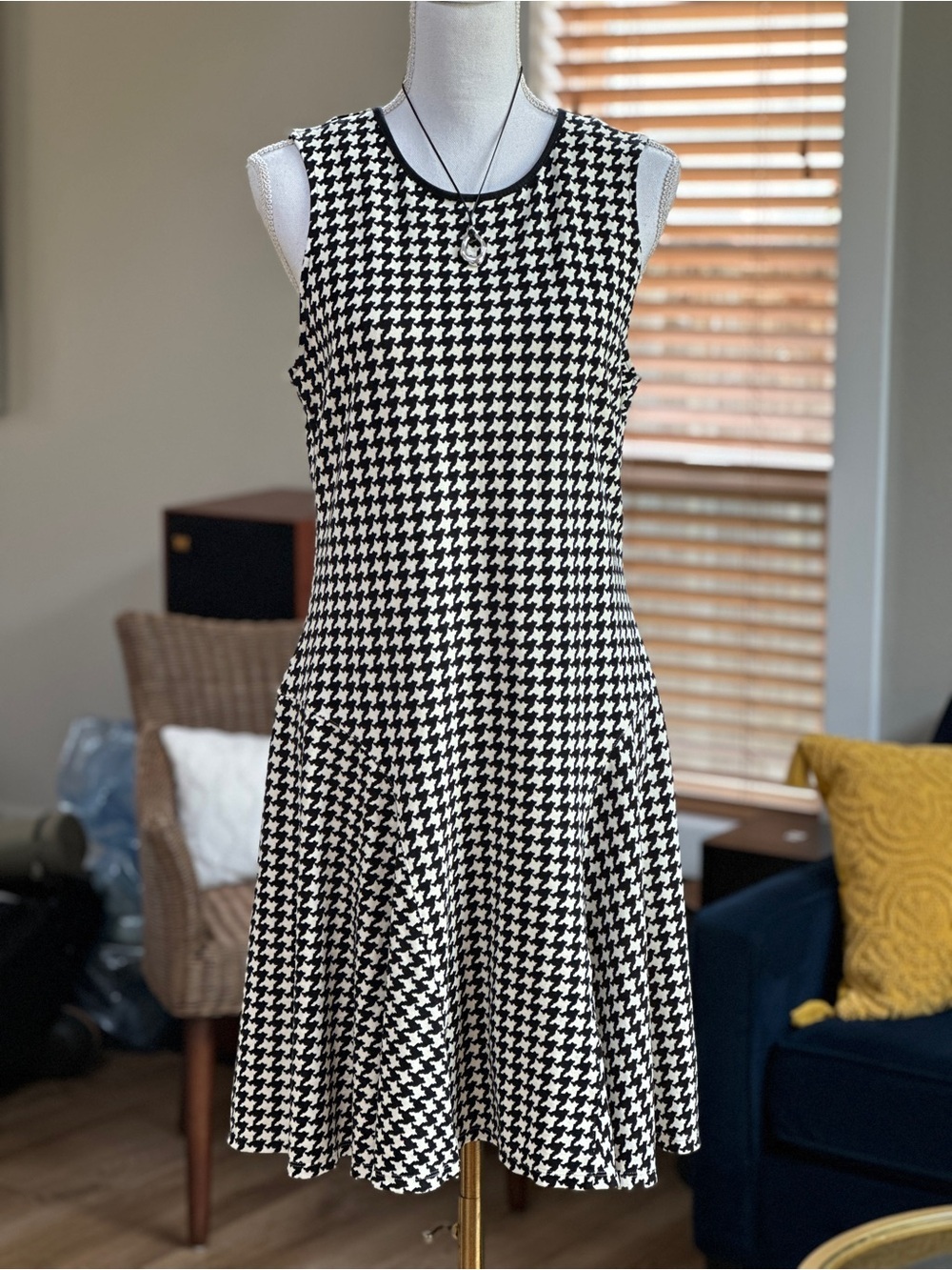 Ralph Lauren Black & cream Houndstooth Sleeveless Fit-and-Flare Midi Dress